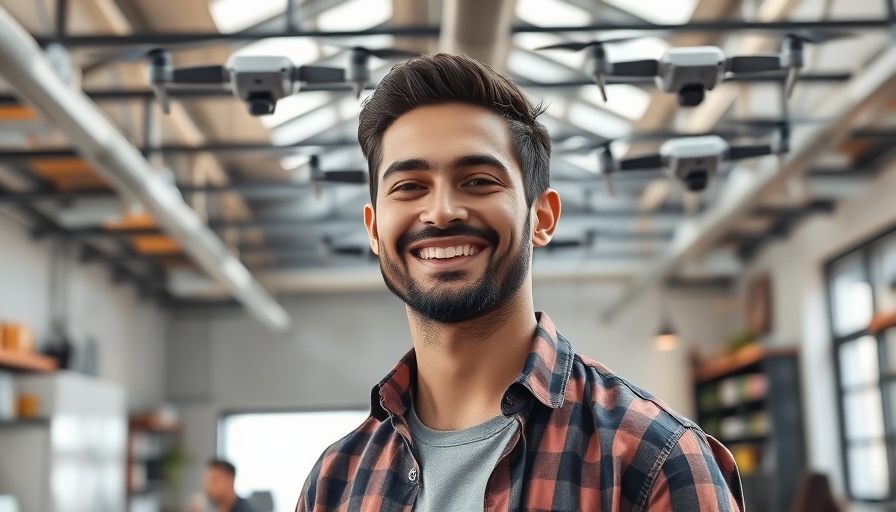 Young entrepreneur in startup workspace with drones, symbolizing business startup funding.