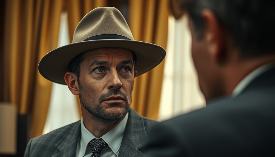 Man thoughtfully observes another person indoors discussing US tariffs and trade policy.