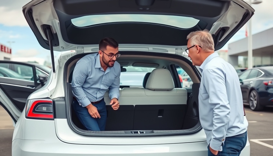 Men discussing decline in used Tesla Model Y prices at dealership.