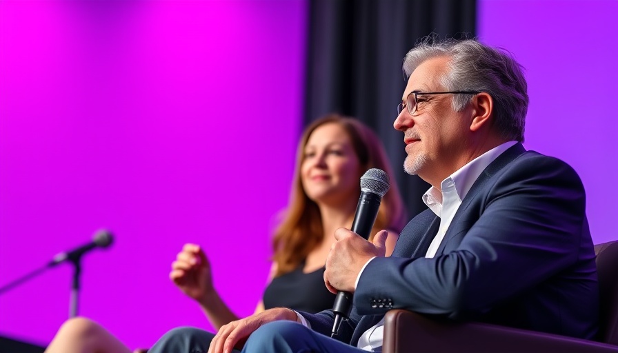 Two individuals discussing cryptocurrency at a conference, vibrant setting.