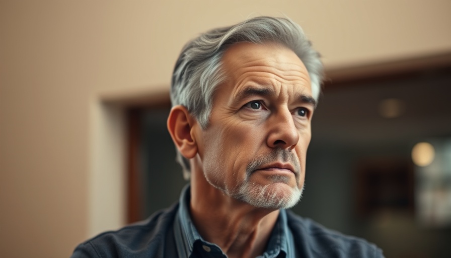 Man with beard looking away, reflective expression, warm background.