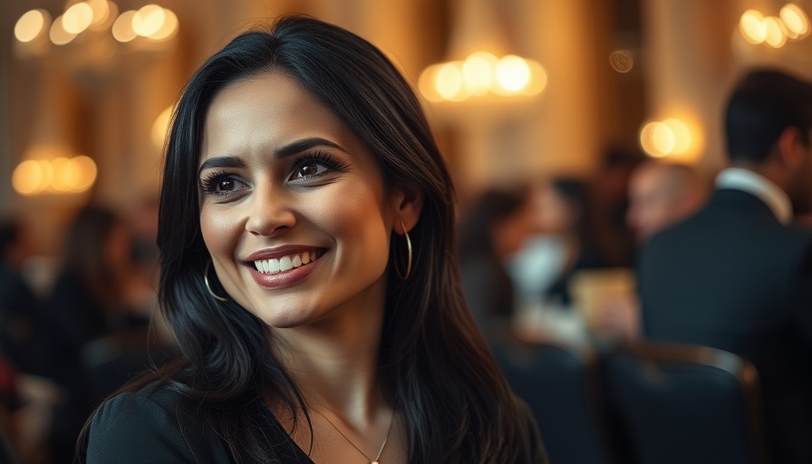 Smiling woman with dark hair in elegant indoor setting, warm lighting.
