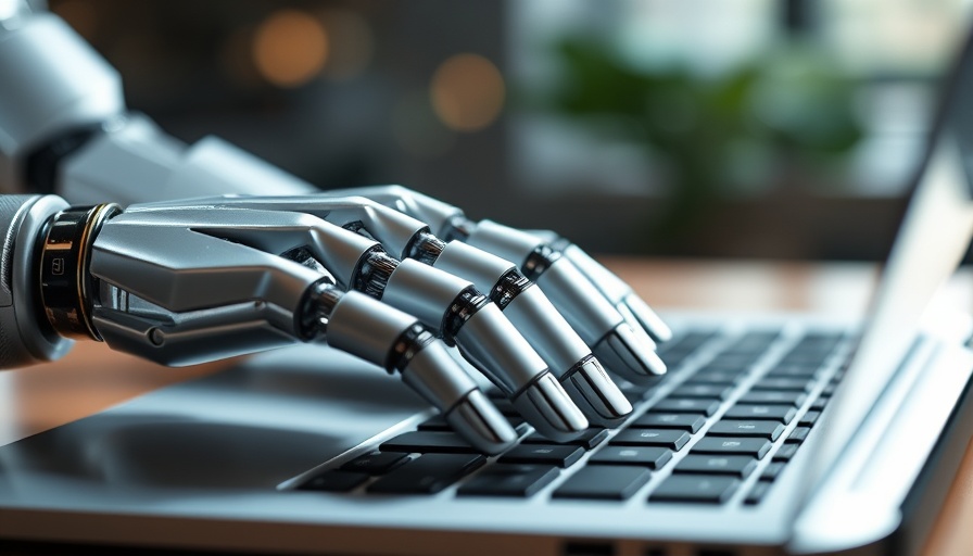 Robotic hand typing on laptop for AI agents in charity fundraising