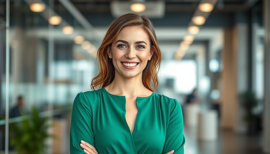 Confident woman smiling in modern office environment.