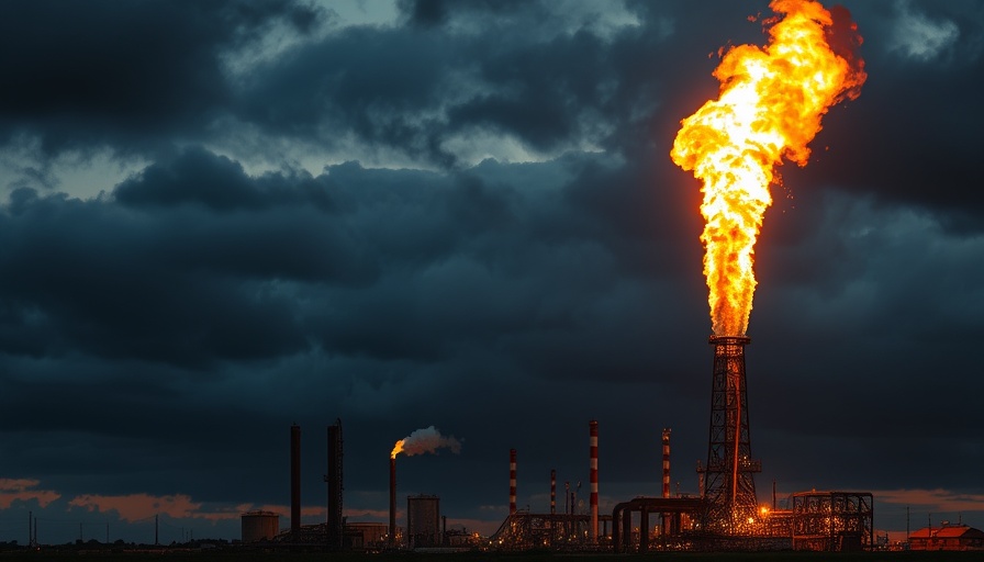 Methane emission reduction strategies shown with a gas flare burning against dark clouds.