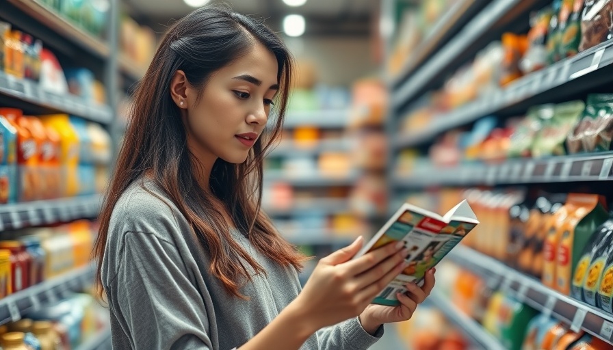 Woman inspecting food label in store, considering diabetes risk.