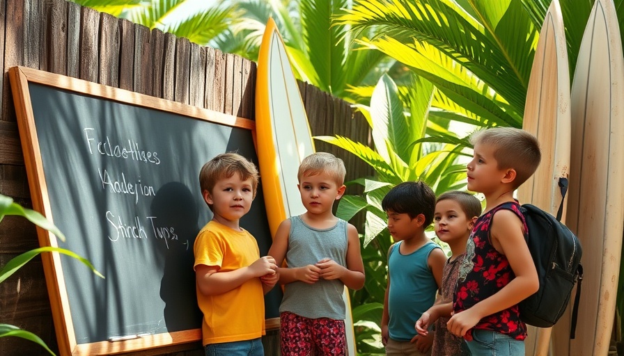 Children learning outdoors near surfboards, sustainable tourism setting.