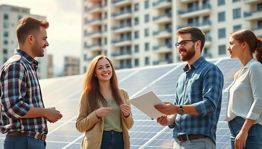 Young professionals discussing solar solutions by solar panels, focus on reducing CO2 emissions in power sector.