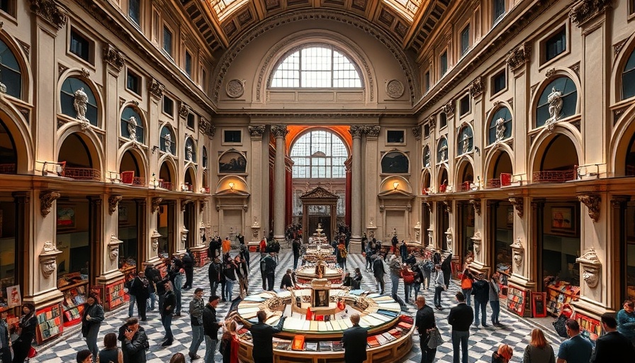 Neoclassical Italian courtyard with visitors and book display.