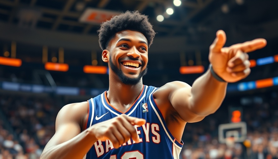Charismatic basketball player smiling on court, confident gesture.