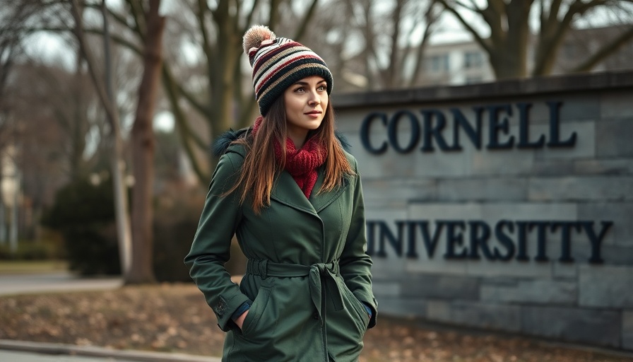 Cornell University stone sign with young woman walking nearby.