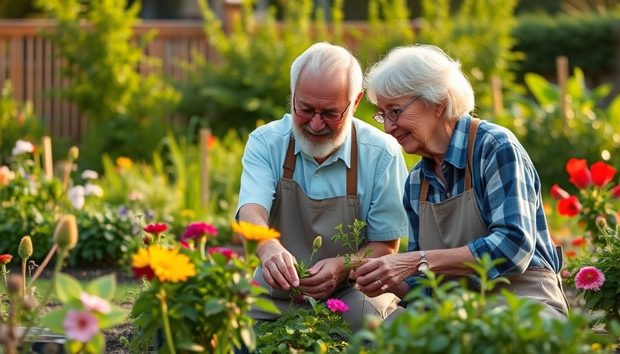Senior couple gardening in community garden, senior living communities