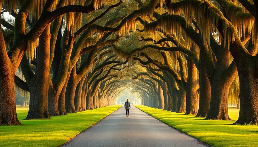 Scenic oak-lined path in South Carolina, conveying tranquility.