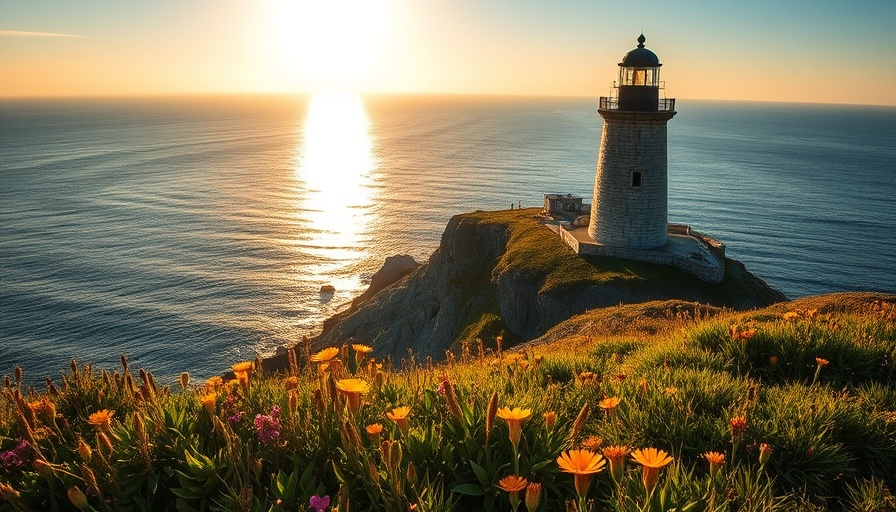 Coastal lighthouse at sunset in Rhode Island.