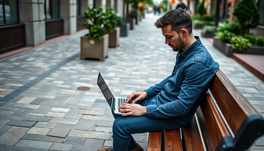 Young man working on a laptop outside, relevant to self-employment tax.