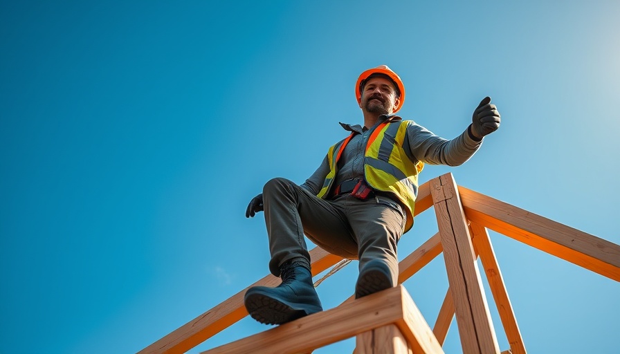 Construction worker securing framework under blue sky.