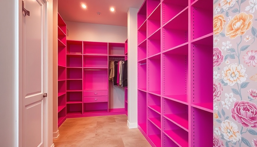 Walk-in closet paint color ideas: pink gradient and floral wallpaper.