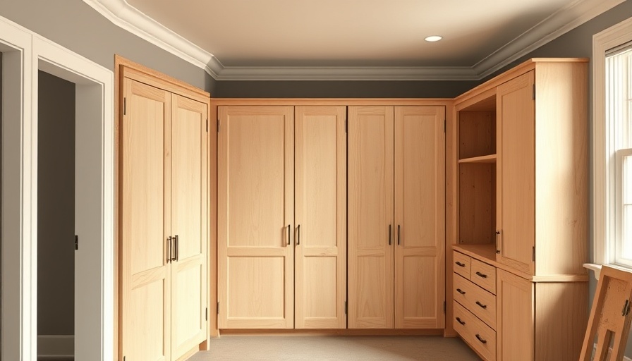 Partially constructed closet cabinets with molding in progress.
