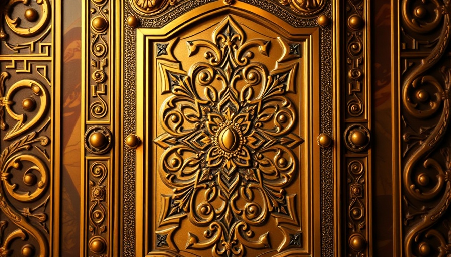 Brass door with intricate geometric patterns, decorating with brass