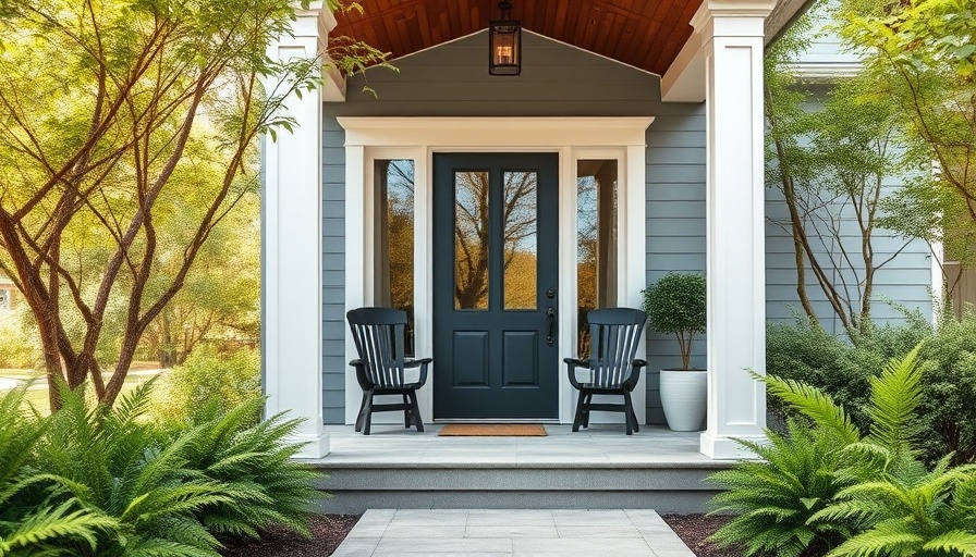 Charming modern home with small inviting porch, lush greenery.