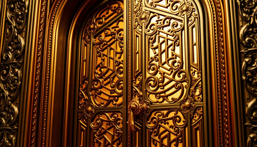 Intricate brass door with geometric patterns, decorating with brass.