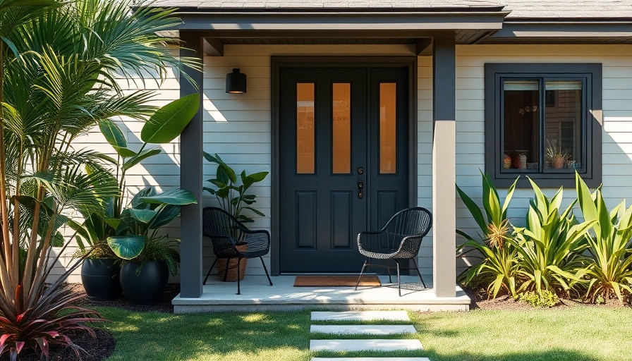 Charming small home entrance with cozy porch and greenery.