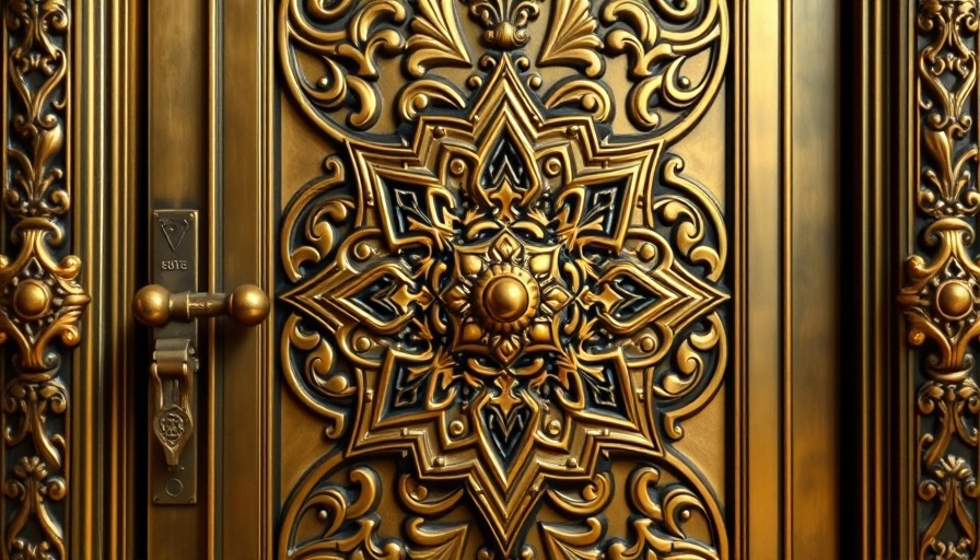 Intricate brass door design, showcasing decorative patterns.