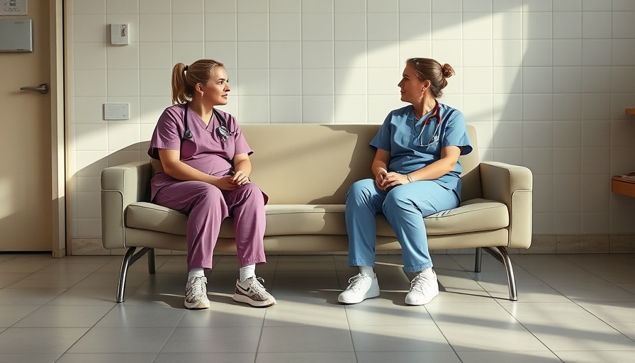 Nurses in scrubs sitting in hospital, discussing, natural lighting.
