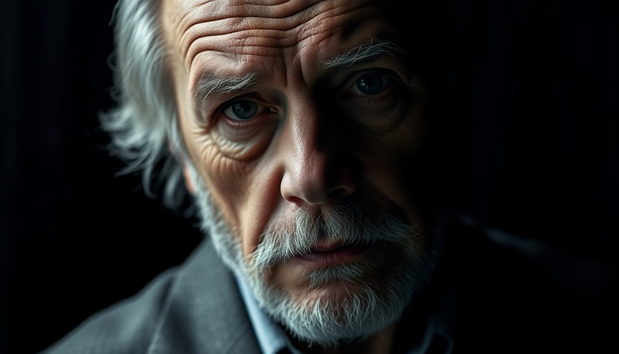 Serious elderly man contemplating, dark moody lighting.