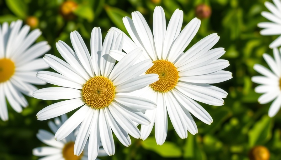 Close-up of bright Shasta daisies in natural sunlight, focus on petals.