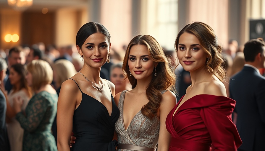 Elegant women standing together at formal event with warm lighting.