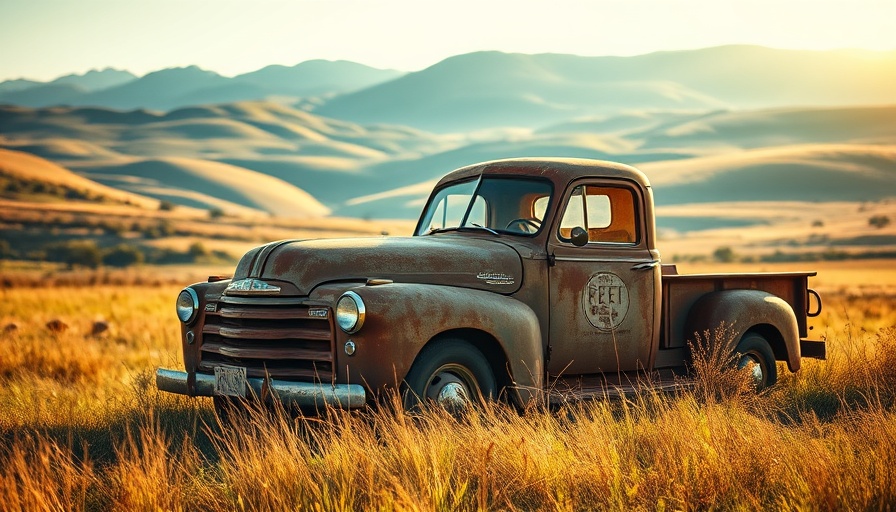 Vintage truck in sunny Marin field, artwork setting