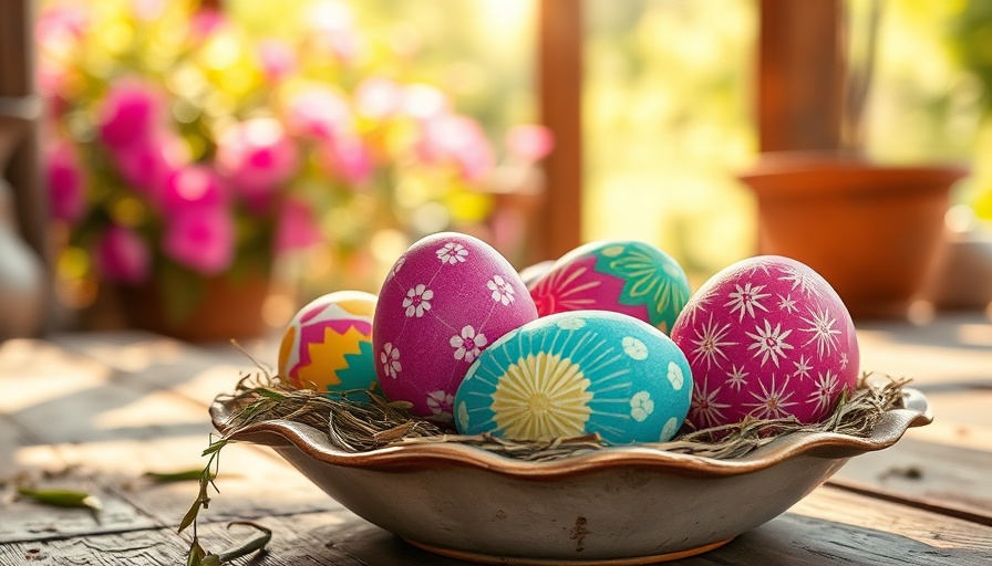 Colorful Easter eggs in a decorative dish outdoors, Easter egg hunt ideas for home.