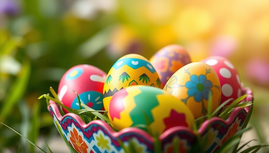 Vibrant painted Easter eggs in decorative holder, soft garden bokeh.
