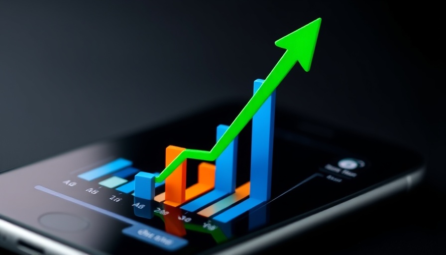 Financial illustration with bars and arrow on smartphone.