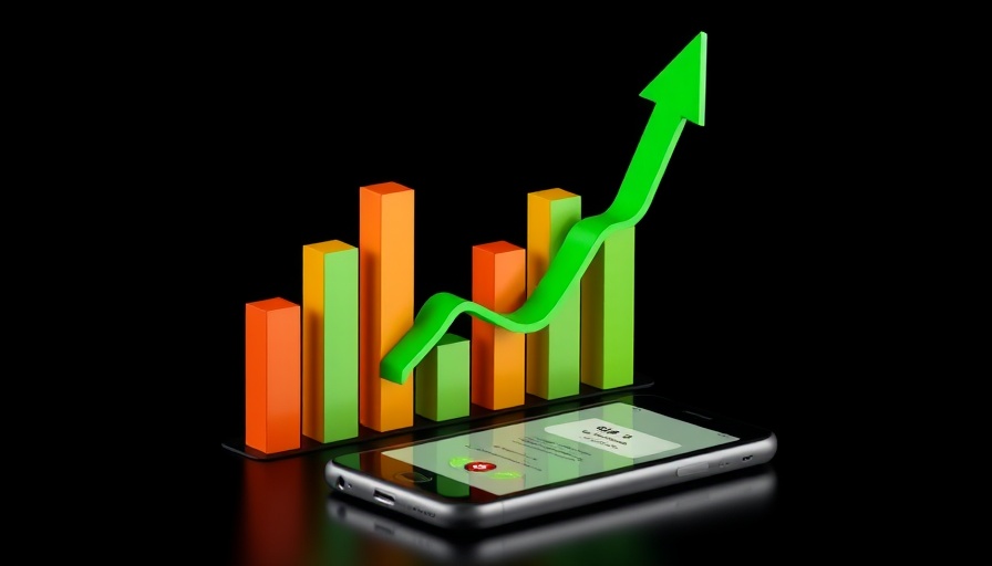 3D financial bar graph on smartphone with rising arrow