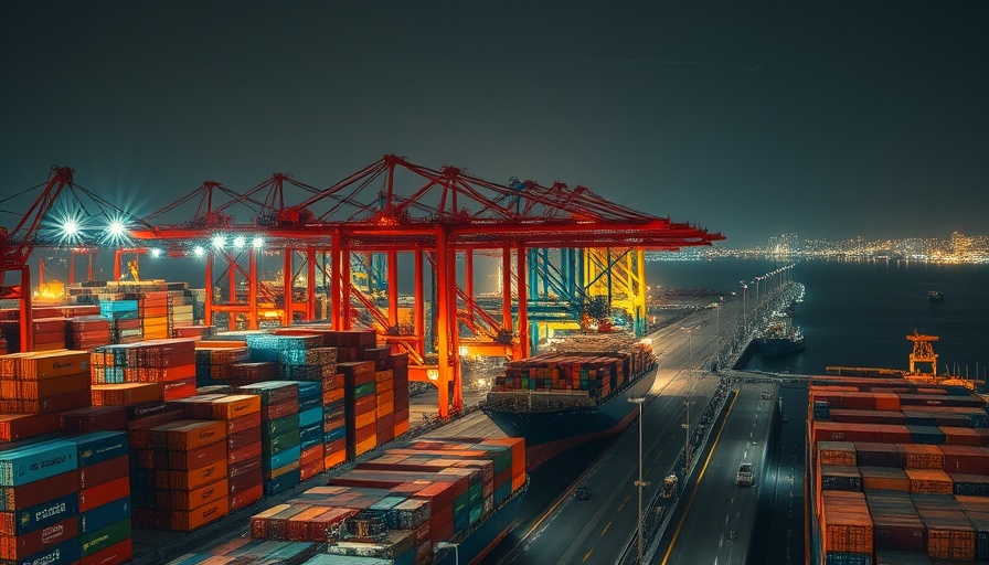 China US imports tariffs: Busy shipping port at night with cranes.