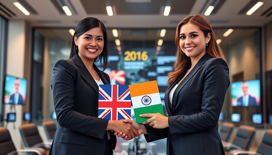 UK India trade deal signing ceremony with two women exchanging documents.
