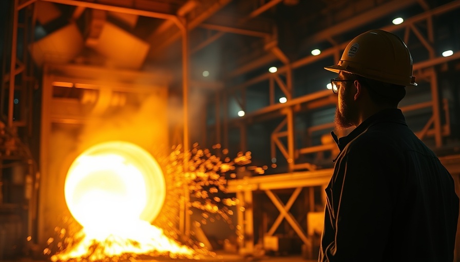 Silhouetted worker at idle blast furnace with fiery glow, sparks.