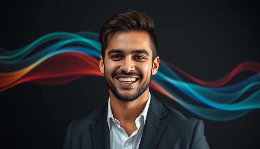 Man in suit smiling confidently with colorful wave background.