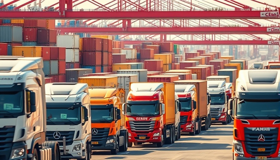 Trucks lined up at freight terminal amid tariff reversal news.