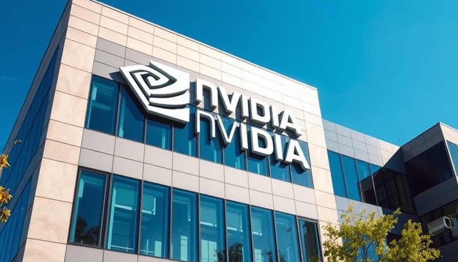 Nvidia building showcasing logo, clear sky backdrop.