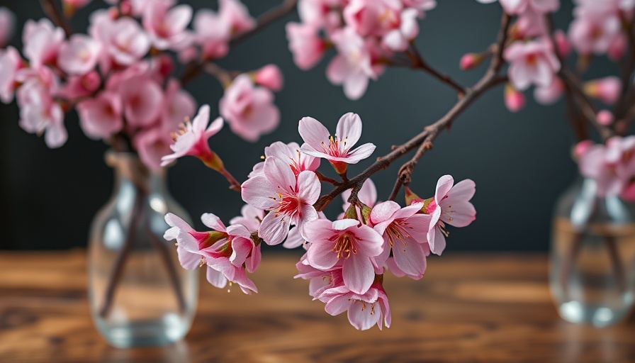 Delicate pink flowering branches beautifully arranged in vases on a wooden table.