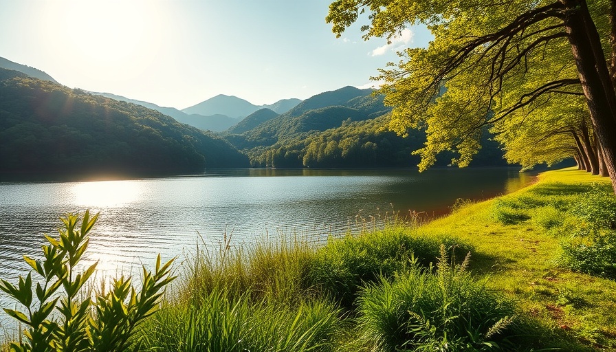 Tranquil West Virginia landscape at sunset with lake and greenery
