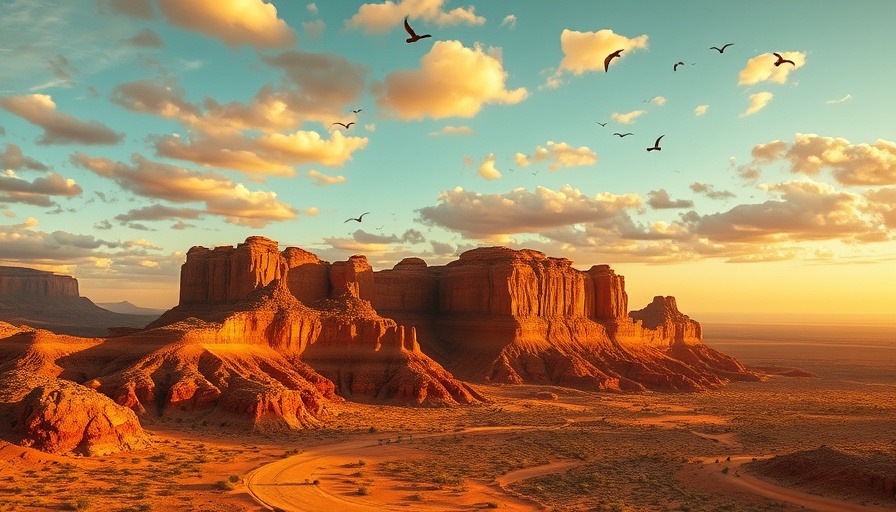 Golden rocky New Mexico landscape at sunset with clouds and cliffs.