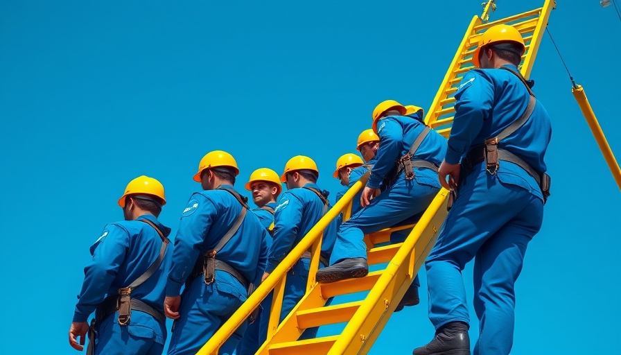 Workers in blue climbing ladder under clear sky.