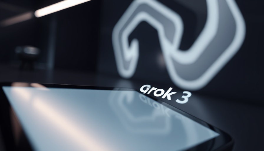 Grok 3 API launch logo on screen with abstract background.