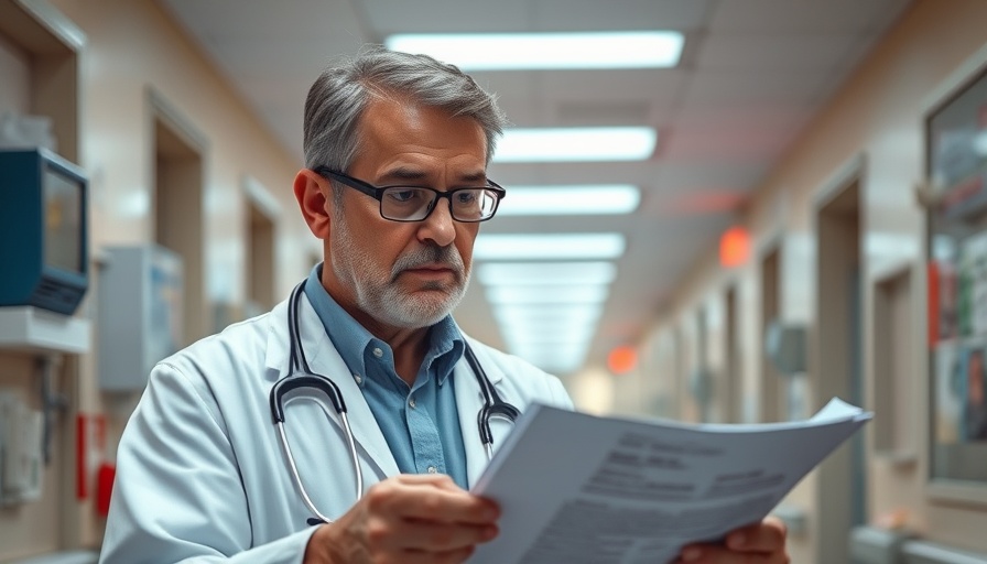 Middle-aged doctor reviewing documents in hospital corridor.