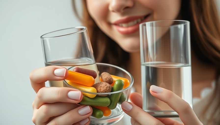 Woman holding supplements with a glass of water.