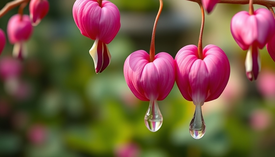 Close-up of vibrant bleeding heart flowers in bloom.